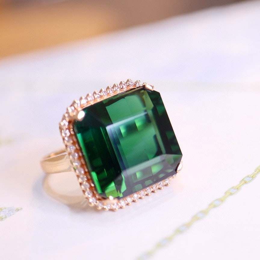 14k Gold 24.38 Ct Natural Tourmaline & Diamond Ring - 3