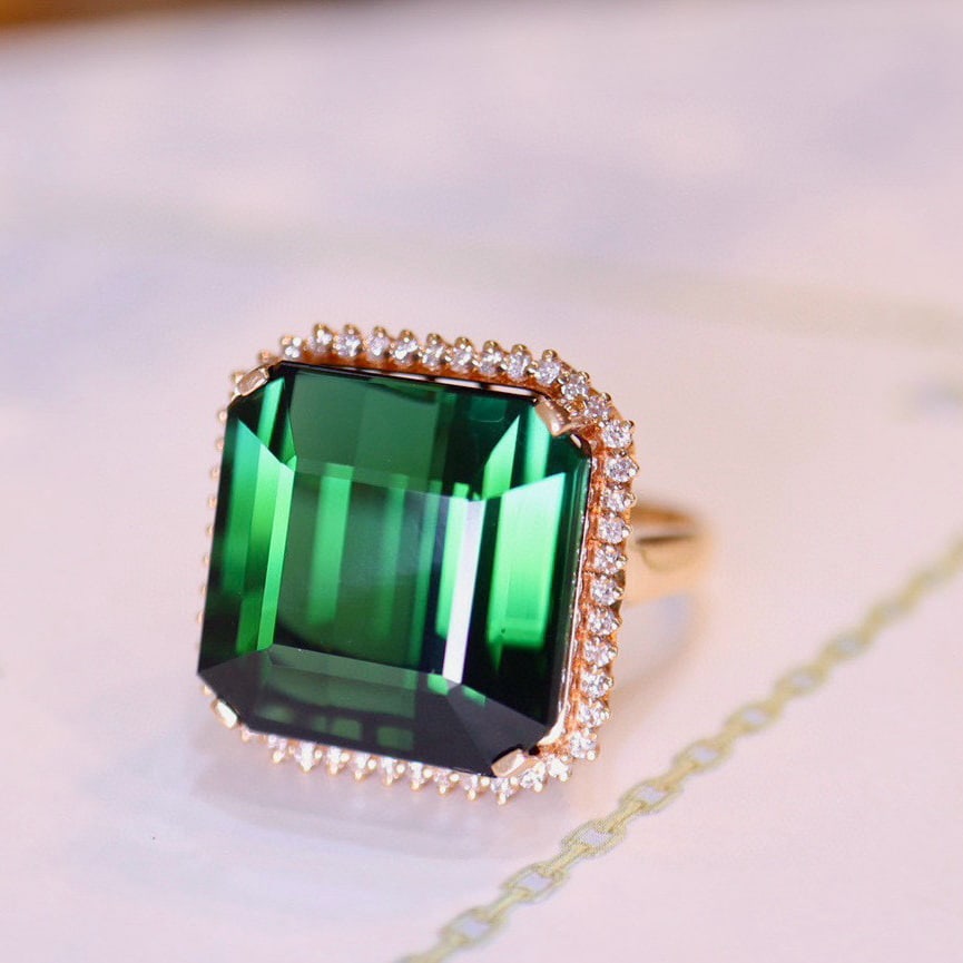 14k Gold 24.38 Ct Natural Tourmaline & Diamond Ring - 4