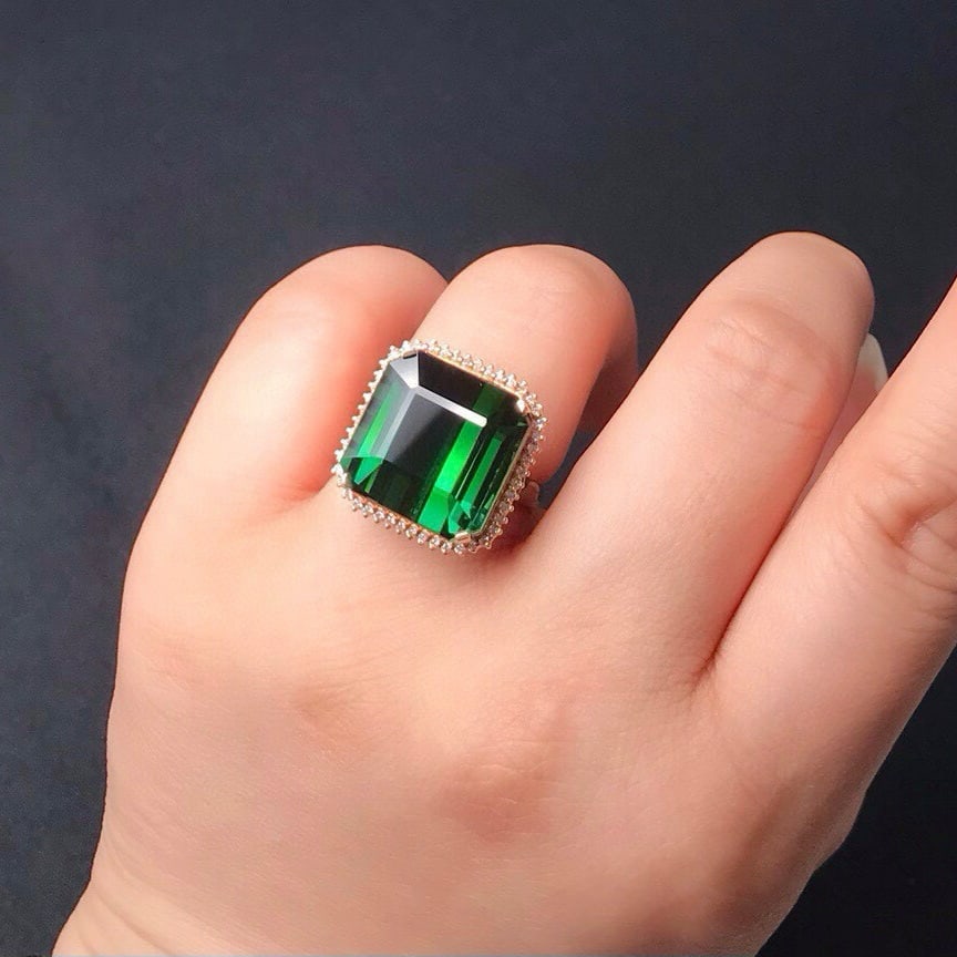 14k Gold 24.38 Ct Natural Tourmaline & Diamond Ring - 6