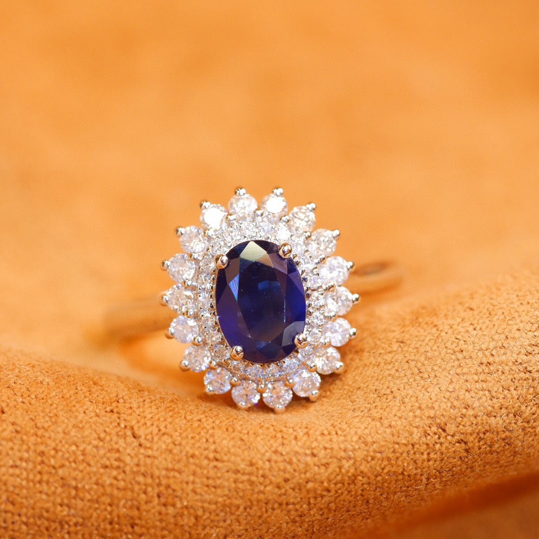 14k Gold 1.64 Ctw Natural Sapphire & Diamond Ring: Ref:230956305 // gold content:14k gold // ring size:7. 25us // // main gemstone:sapphire // shape:oval // carat weight:1. 22ct // color:blue // treatment:natural // // adjacent gemstone 2 : diamond //