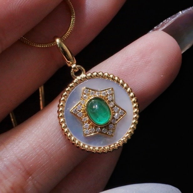 14k Gold 0.43 Ct Natural Emerald & Diamond Pendant( Without Chain ) - 2