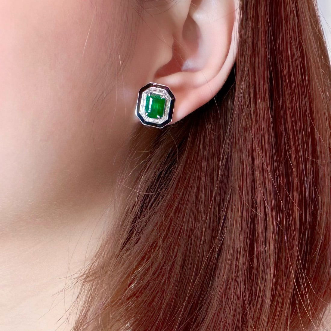 14k Gold 3.58 Ct Vivid Green Natural Emerald & Diamond Earrings - 4