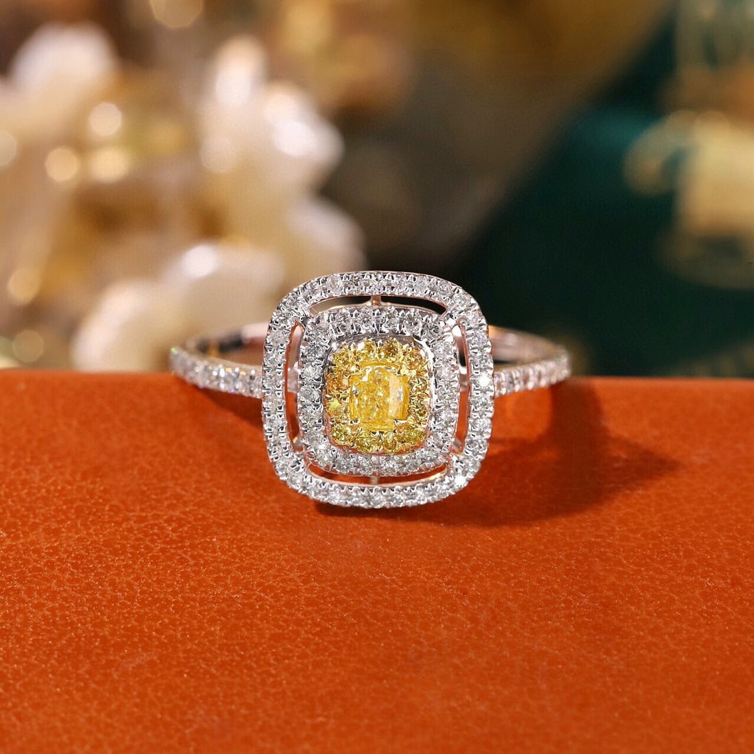 14k Gold 0.55 Ctw Natural Yellow Diamond & Diamond Ring: Ref:230956353 // gold content:14k gold // ring size:7. 25us // // main gemstone:yellow diamond // shape:cushion // carat weight:0. 14ct // color:yellow // treatment:natural // // adjacent gemstone 2 :