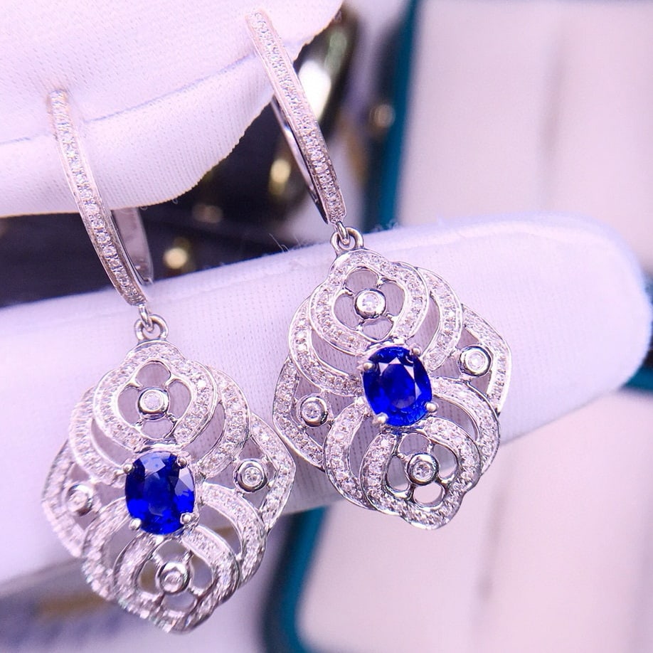 14k Gold 1.3 Ct Natural Sapphire & Diamond Earrings - 2