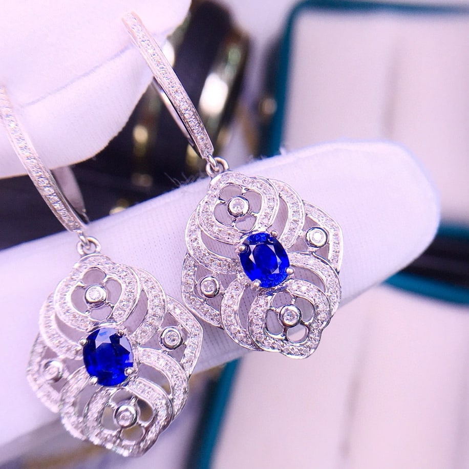 14k Gold 1.3 Ct Natural Sapphire & Diamond Earrings - 3