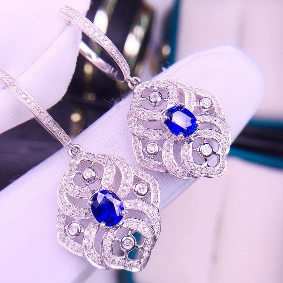 14k Gold 1.3 Ct Natural Sapphire & Diamond Earrings - 4