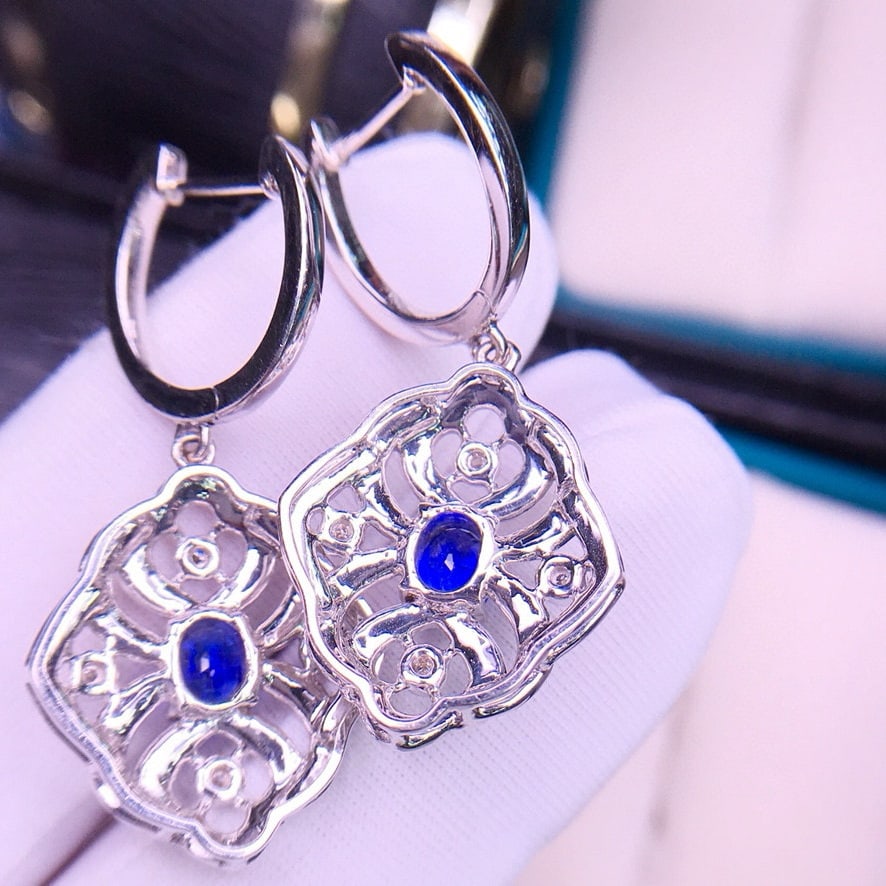 14k Gold 1.3 Ct Natural Sapphire & Diamond Earrings - 5