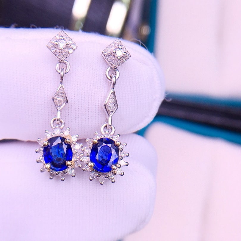 14k Gold 1.2 Ct Natural Sapphire & Diamond Earrings - 4