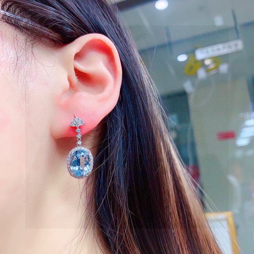 14k Gold 8 Ct Natural Aquamarine & Diamond Earrings - 7