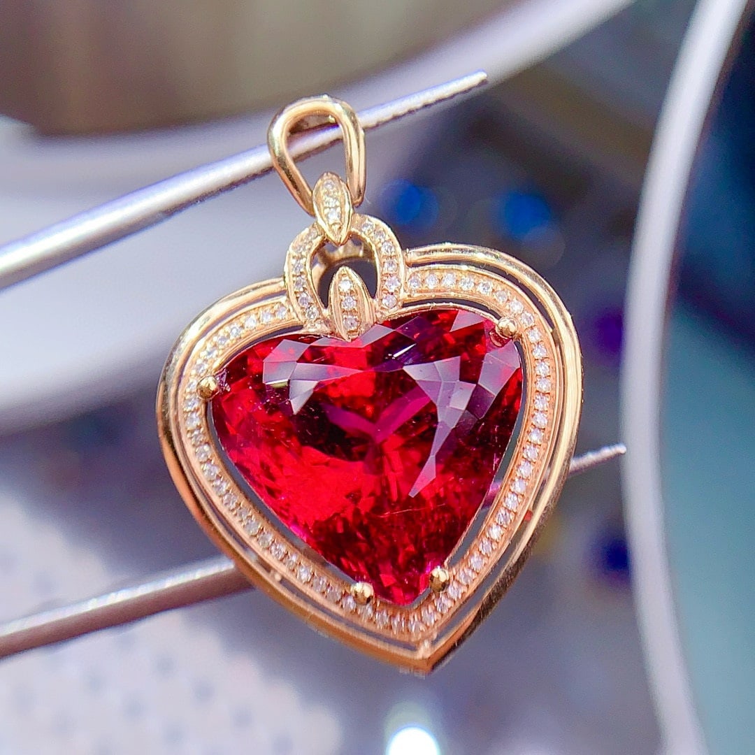 14k Gold 11.6 Ct Natural Tourmaline & Diamond Pendant( Without Chain ) - 2