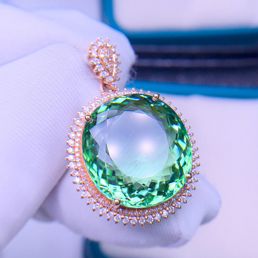 14k Gold 18.9 Ct Natural Tourmaline & Diamond Pendant( Without Chain ): Ref:230956411 // gold content:14k gold // main gemstone:tourmaline // shape:oval // carat weight:18. 9ct // color:green // treatment:natural // // adjacent gemstone 2 : diamond // shape:round // clari