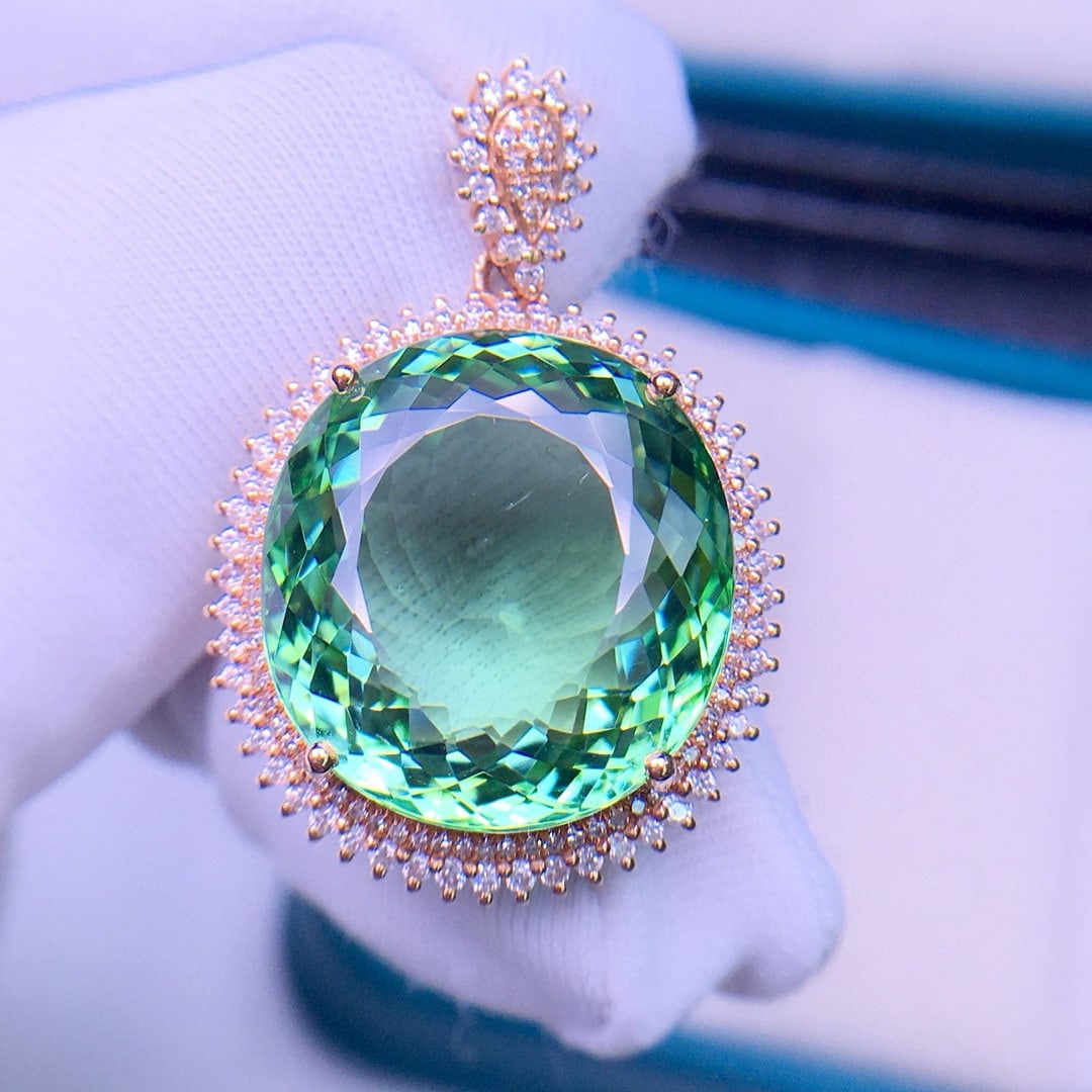 14k Gold 18.9 Ct Natural Tourmaline & Diamond Pendant( Without Chain ) - 2