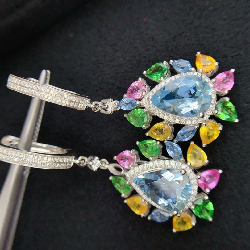 14k Gold 5.3 Ct Natural Aquamarine & Diamond & Diamond Earrings - 5