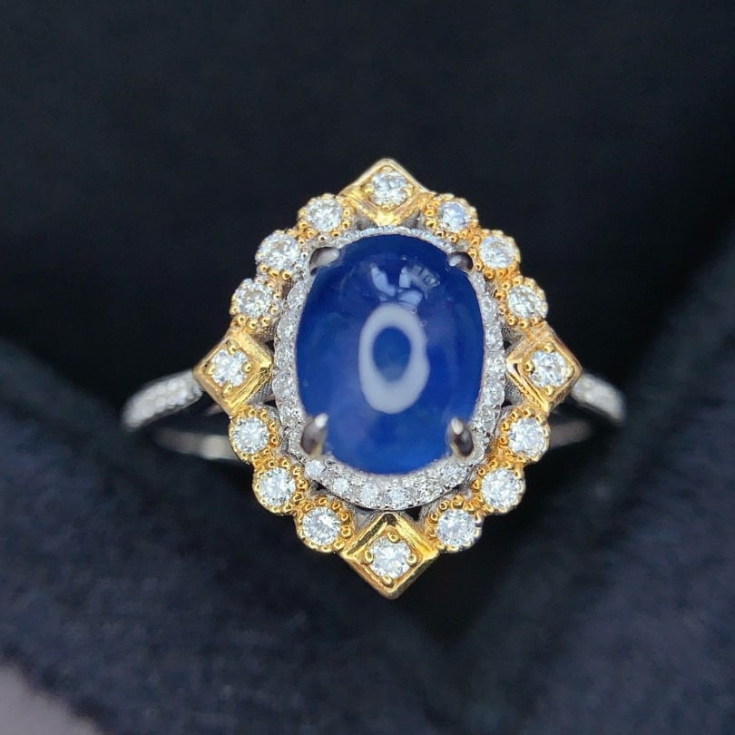 14k Gold 2.75 Ct Natural Star Sapphire & Diamond Ring: Ref:230956436 // gold content:14k gold // ring size:7. 25us // // main gemstone:star sapphire // shape:oval // carat weight:2. 75ct // color:blue // treatment:natural // // adjacent gemstone 2 :