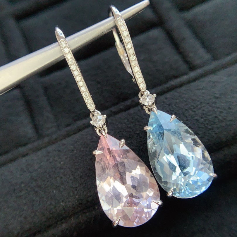14k Gold 9.89 Ctw Natural Aquamarine & Morganite & Diamond Earrings - 2