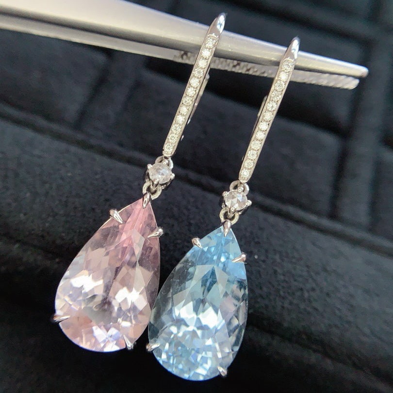 14k Gold 9.89 Ctw Natural Aquamarine & Morganite & Diamond Earrings - 3