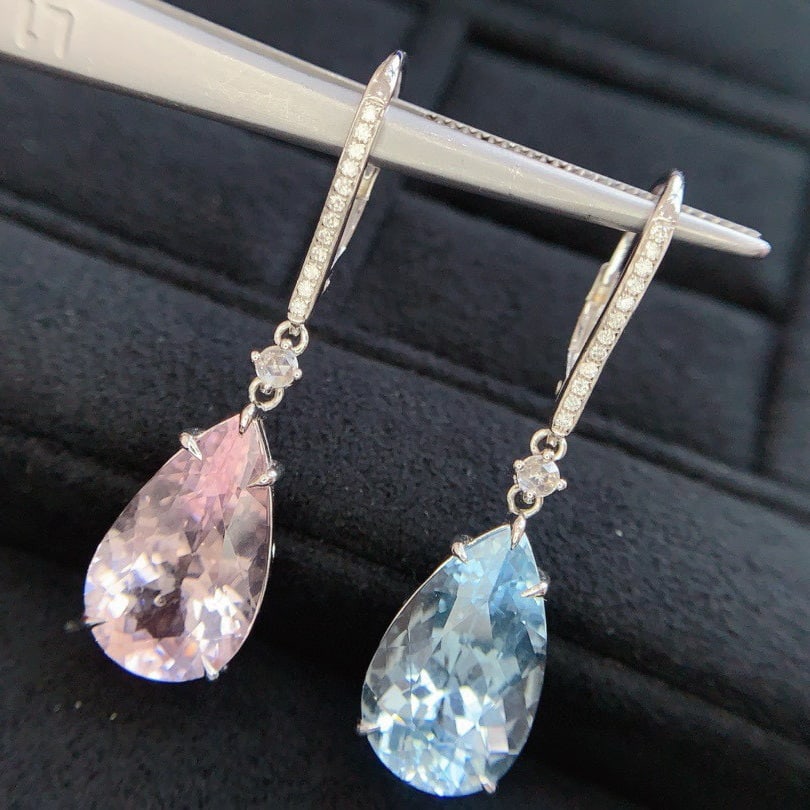 14k Gold 9.89 Ctw Natural Aquamarine & Morganite & Diamond Earrings - 5