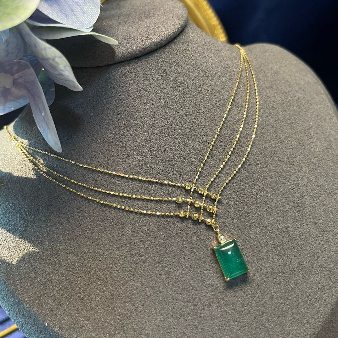 14k Gold 2.10 Ct Natural Emerald & Diamond Necklace - 7