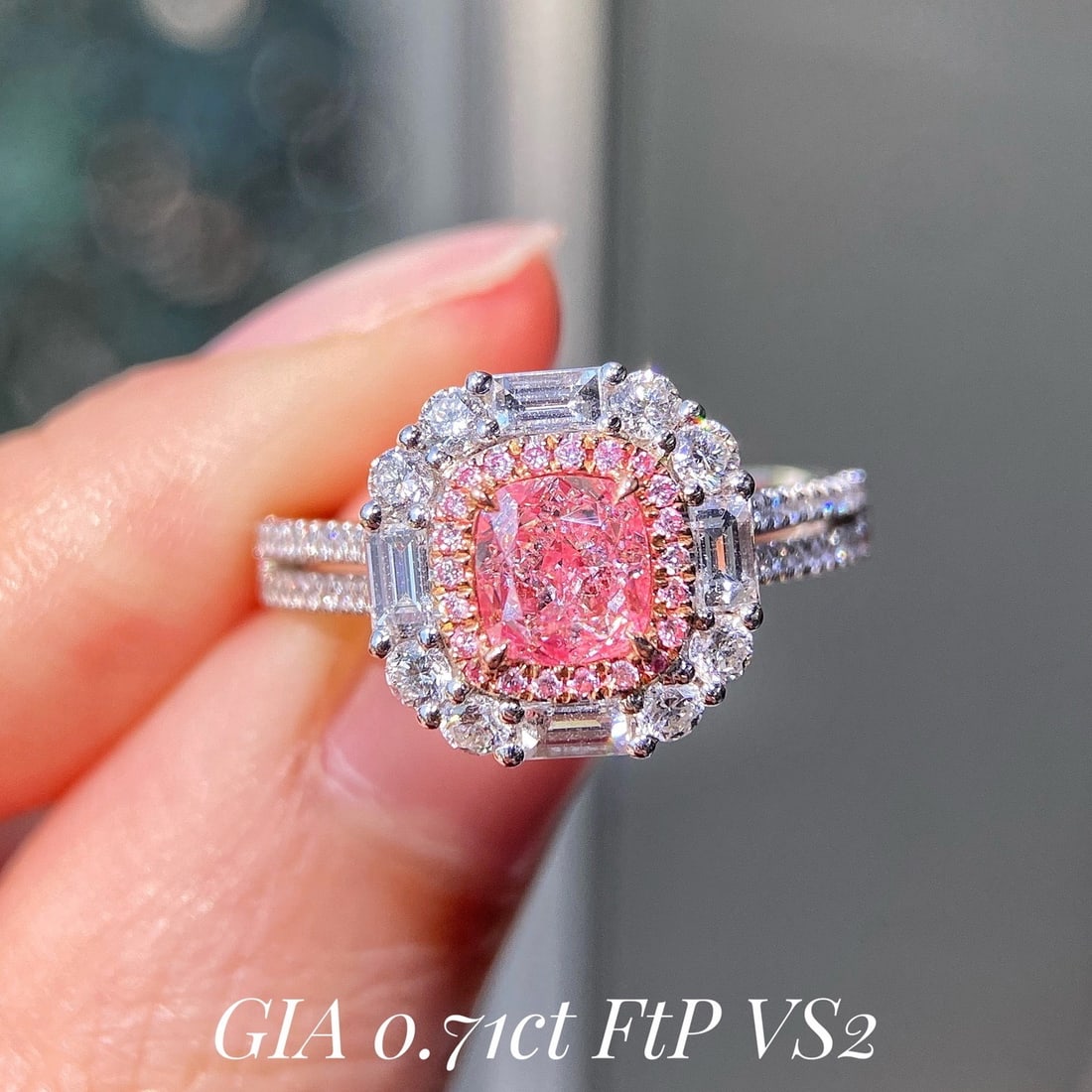 Gia Certified 14k Gold 1.48 Ctw Natural Pink Diamond & Diamond Ring: Ref:230957014 // gold content:14k gold // ring size:7. 25us // // main gemstone:pink diamond // certified:gia // shape:cushion // carat weight:0. 71ct // clarity grade:vs2 // color:pink // treatment:n