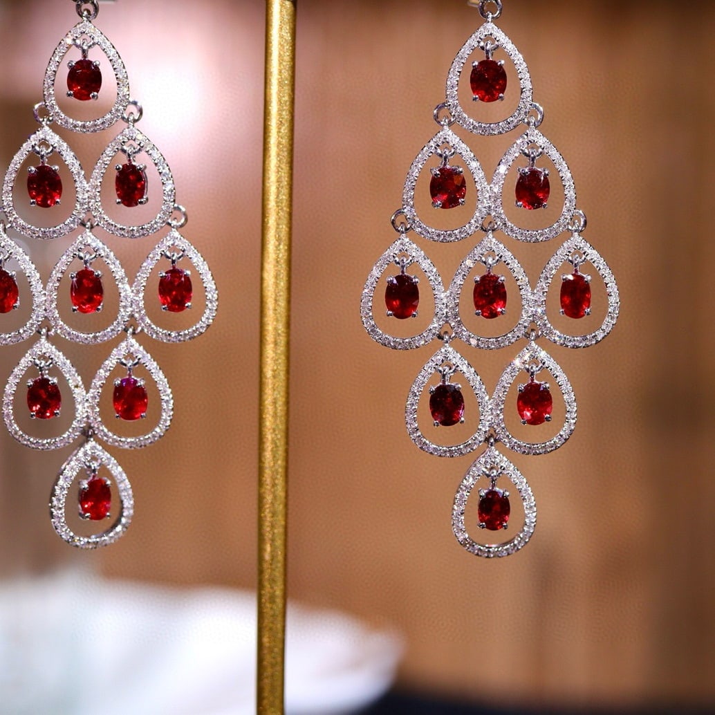 14k Gold 6.11 Ct Natural Ruby & Diamond Earrings - 2