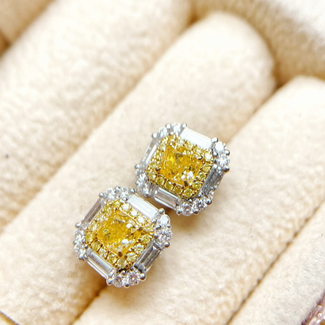 14k Gold 1.43 Ctw Natural Yellow Diamond & Diamond Earrings: Ref:230957039 // gold content:14k gold // main gemstone:yellow diamond // shape:cushion // carat weight:0. 73ct // color:yellow // treatment:natural // // adjacent gemstone 2 : diamond // shape:multip