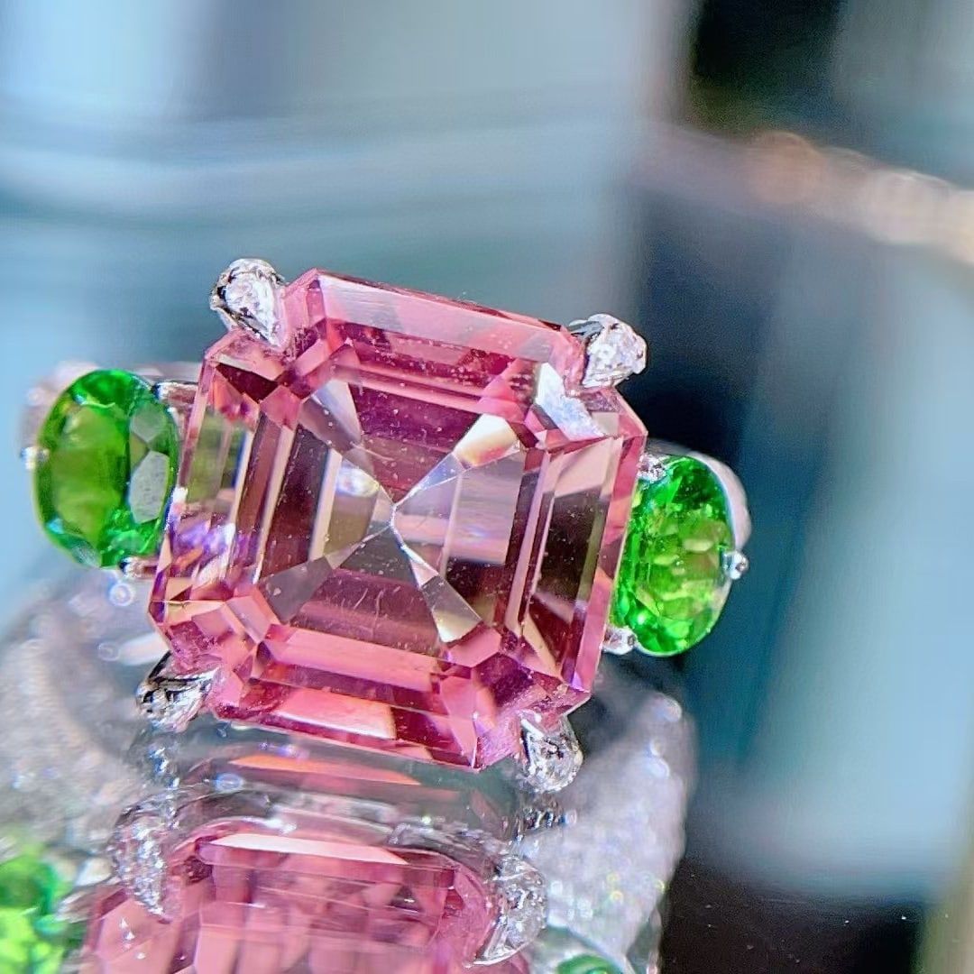 14k Gold 7.36 Ct Natural Tourmaline & Tsavorite & Diamond Ring - 3