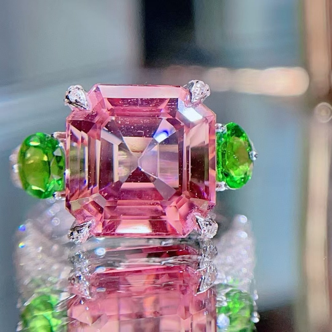 14k Gold 7.36 Ct Natural Tourmaline & Tsavorite & Diamond Ring - 4