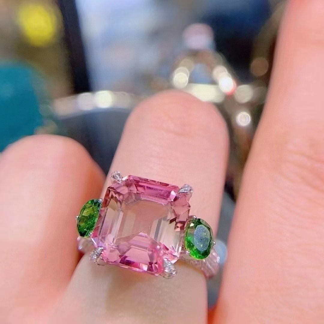 14k Gold 7.36 Ct Natural Tourmaline & Tsavorite & Diamond Ring - 7