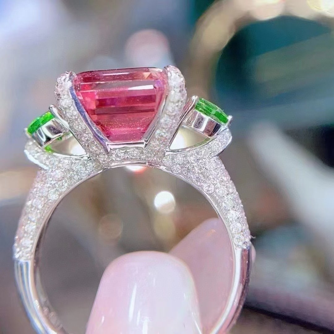 14k Gold 7.36 Ct Natural Tourmaline & Tsavorite & Diamond Ring - 8