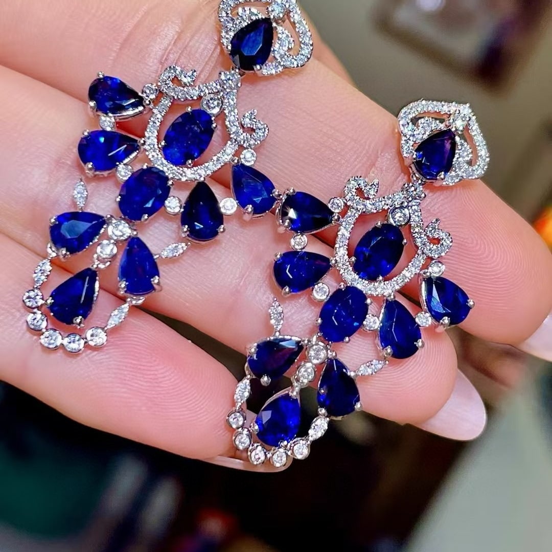 14k Gold 11.19 Ctw Natural Sapphire & Diamond Earrings - 3