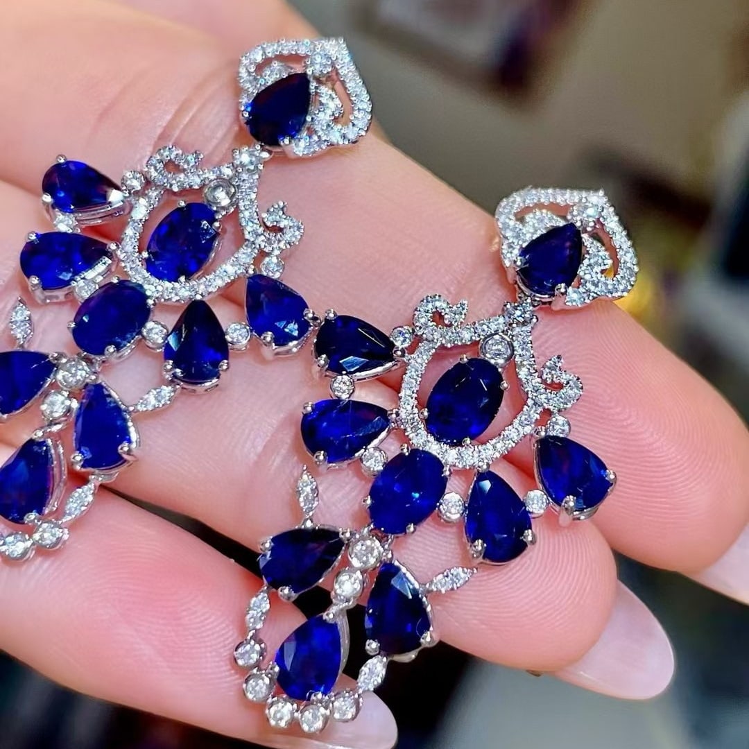 14k Gold 11.19 Ctw Natural Sapphire & Diamond Earrings - 5