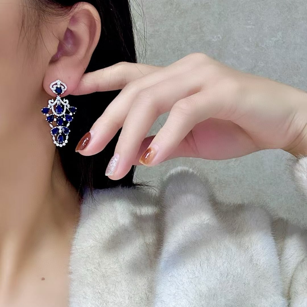 14k Gold 11.19 Ctw Natural Sapphire & Diamond Earrings - 6