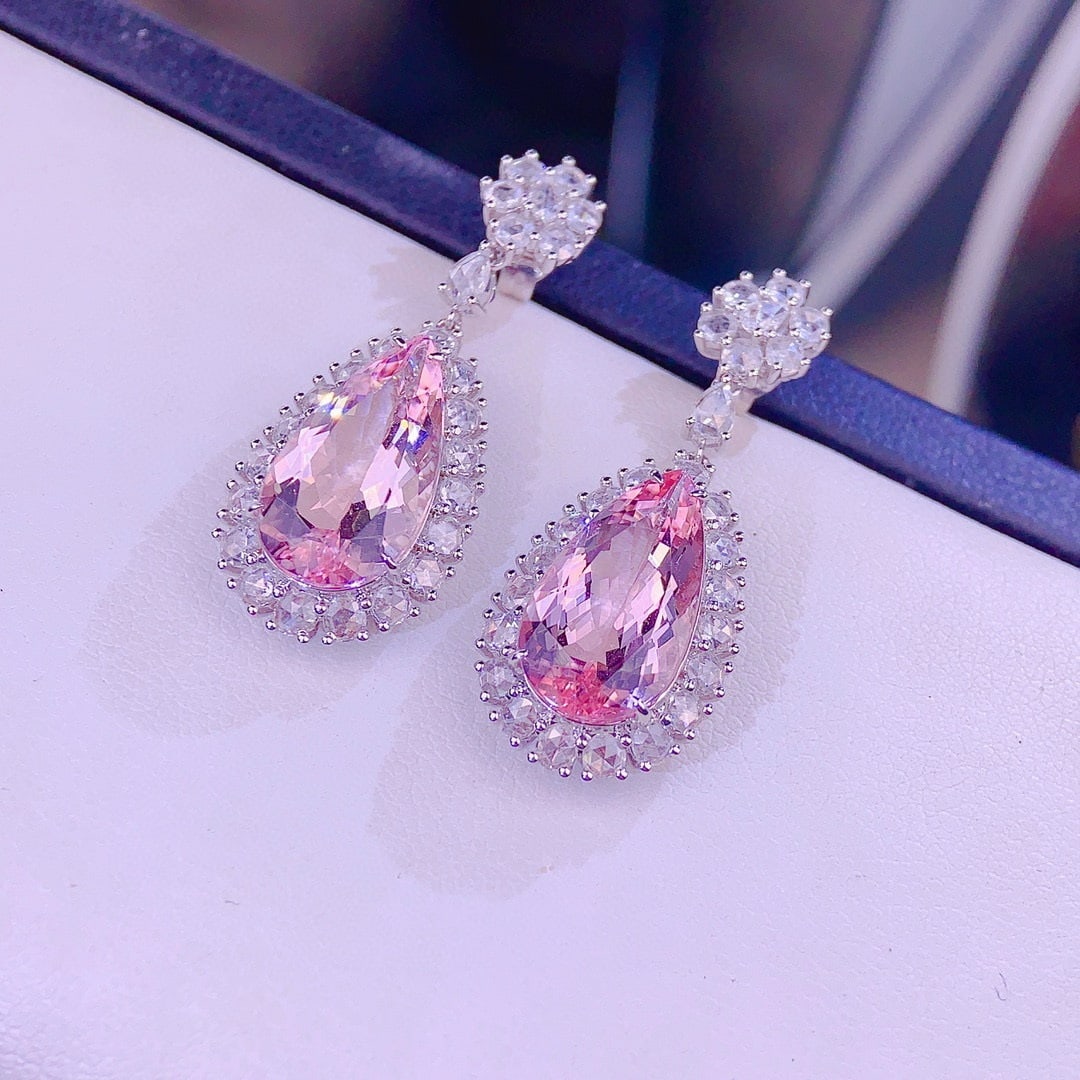 14k Gold 8 Ct Natural Morganite & Diamond Earrings - 2