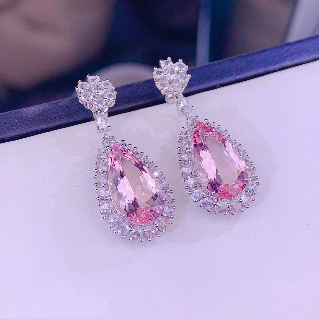 14k Gold 8 Ct Natural Morganite & Diamond Earrings - 3