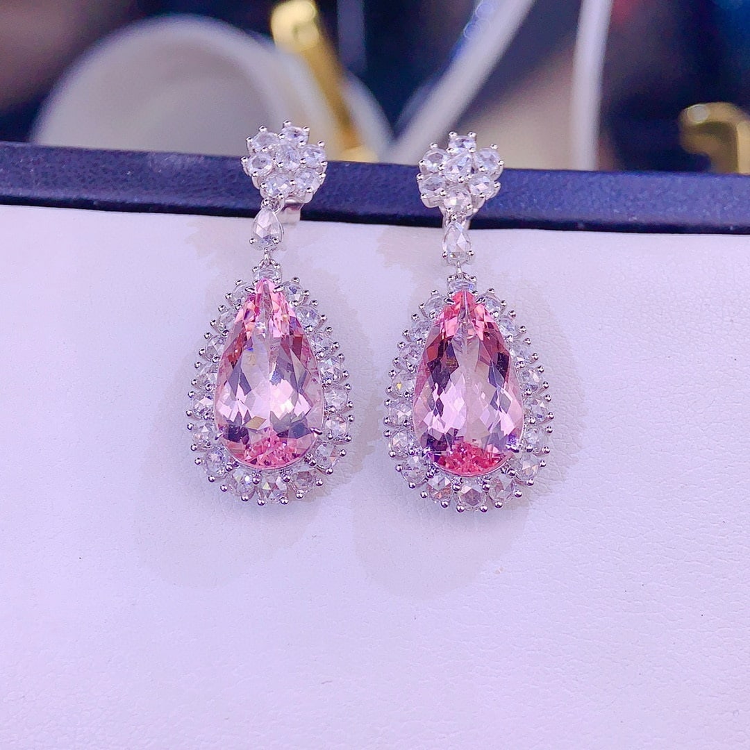 14k Gold 8 Ct Natural Morganite & Diamond Earrings - 5