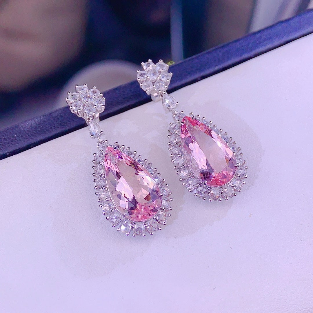 14k Gold 8 Ct Natural Morganite & Diamond Earrings - 7