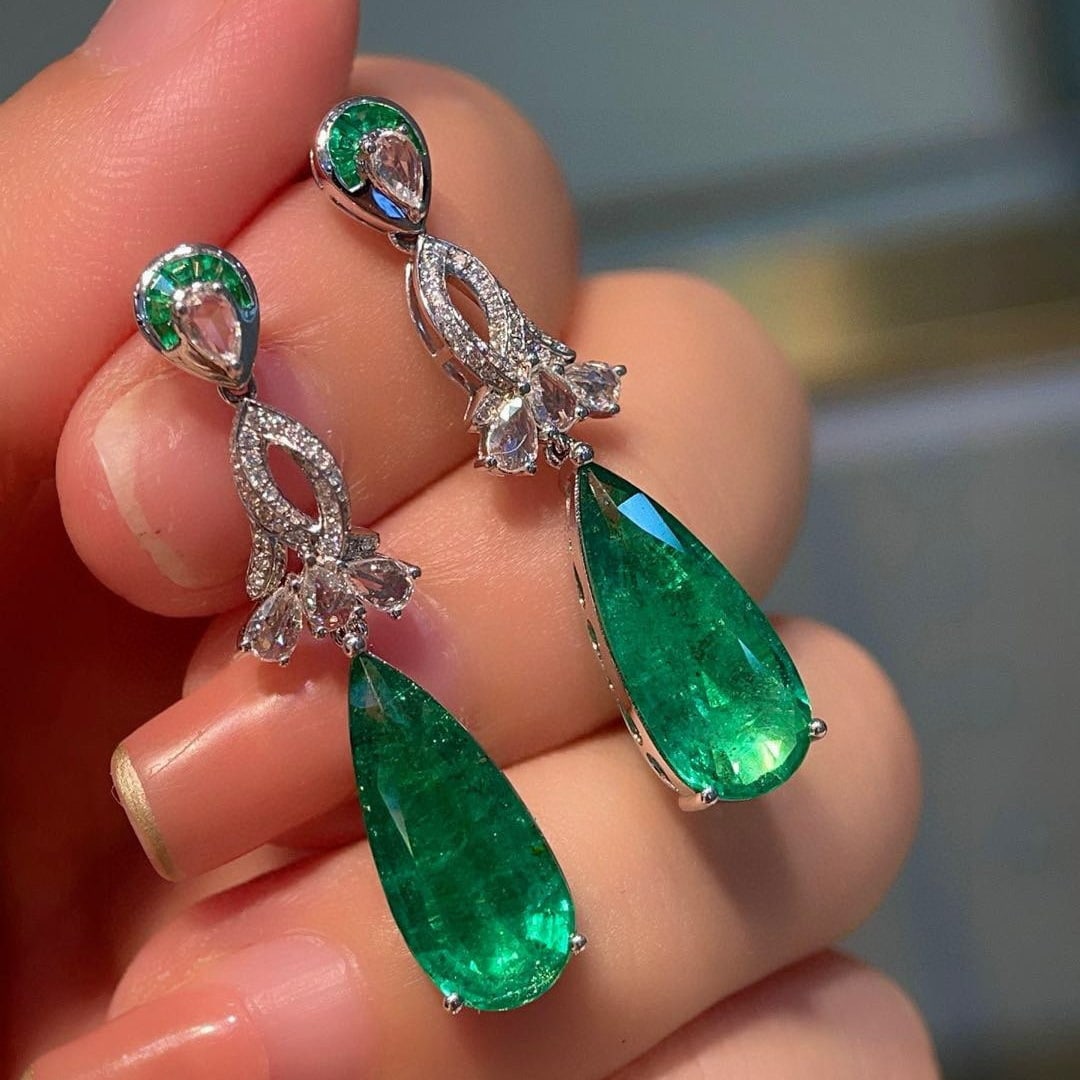 14k Gold 7.00 Ctw Vivid Green Natural Emerald & Diamond Earrings - 2