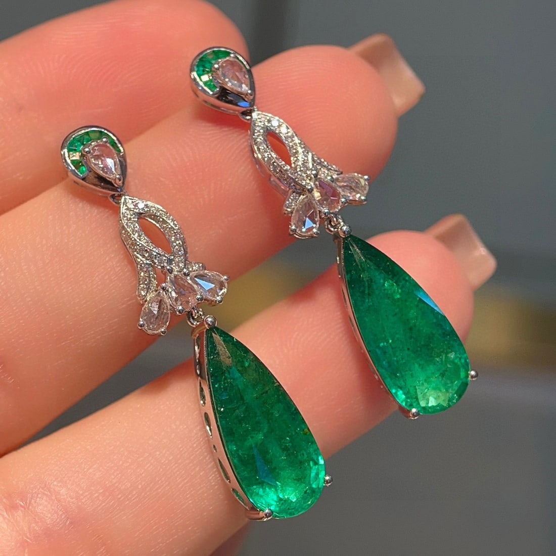 14k Gold 7.00 Ctw Vivid Green Natural Emerald & Diamond Earrings - 6