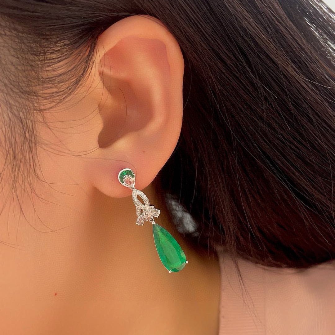 14k Gold 7.00 Ctw Vivid Green Natural Emerald & Diamond Earrings - 7