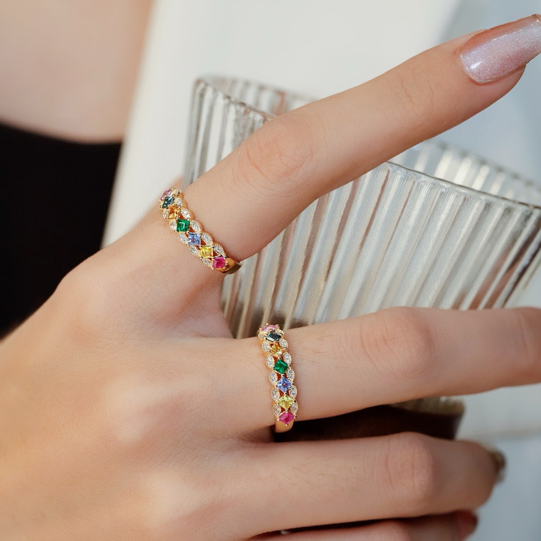 14k Gold 0.64 Ctw Natural Sapphire & Emerald & Diamond Ring - 2