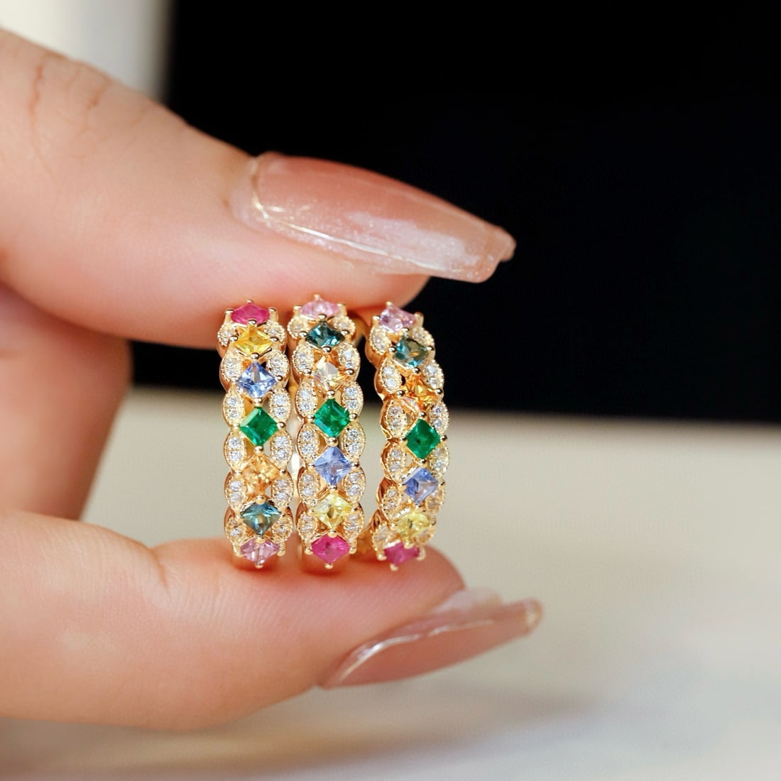 14k Gold 0.64 Ctw Natural Sapphire & Emerald & Diamond Ring - 3