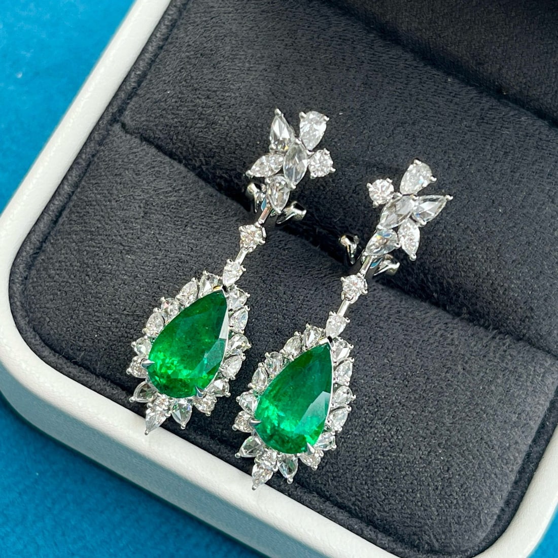 14k Gold 5.63 Ctw Vivid Green Natural Emerald & Diamond Earrings - 2