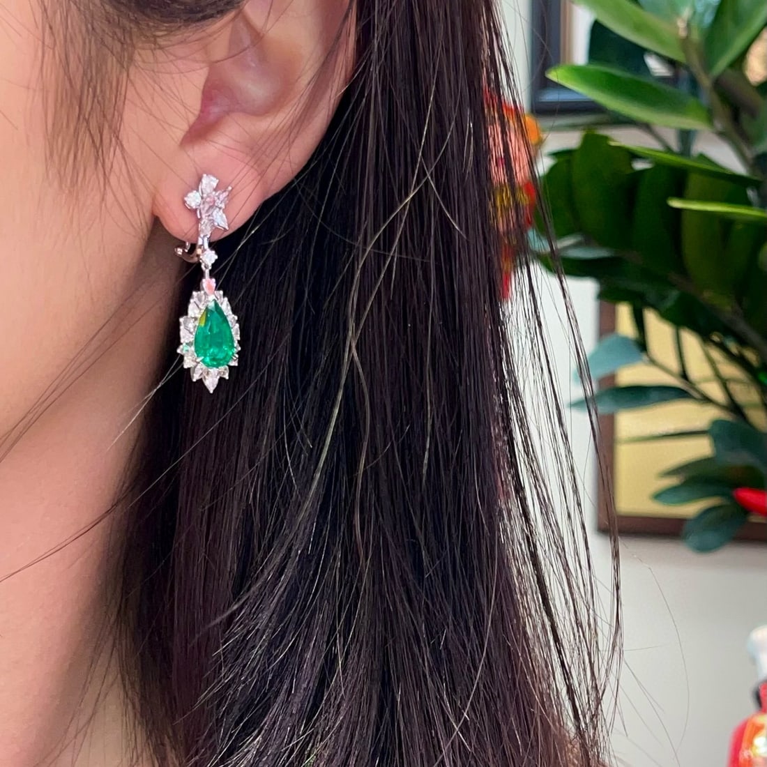 14k Gold 5.63 Ctw Vivid Green Natural Emerald & Diamond Earrings - 4