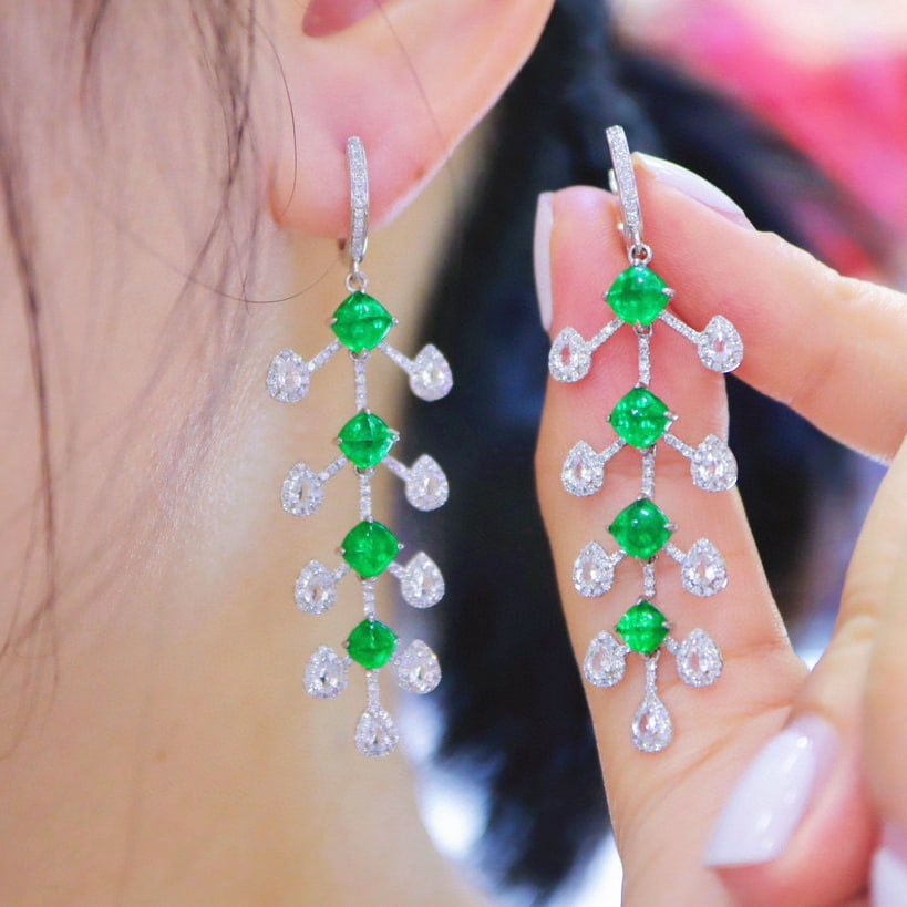 14k Gold 5.55 Ctw Vivid Green Natural Emerald & Diamond Earrings - 5