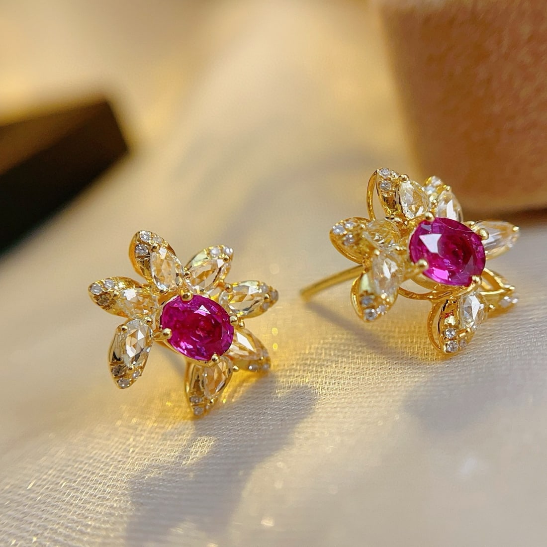 14k Gold 1.00 Ct Natural Ruby & Diamond & Sapphire Earrings - 2