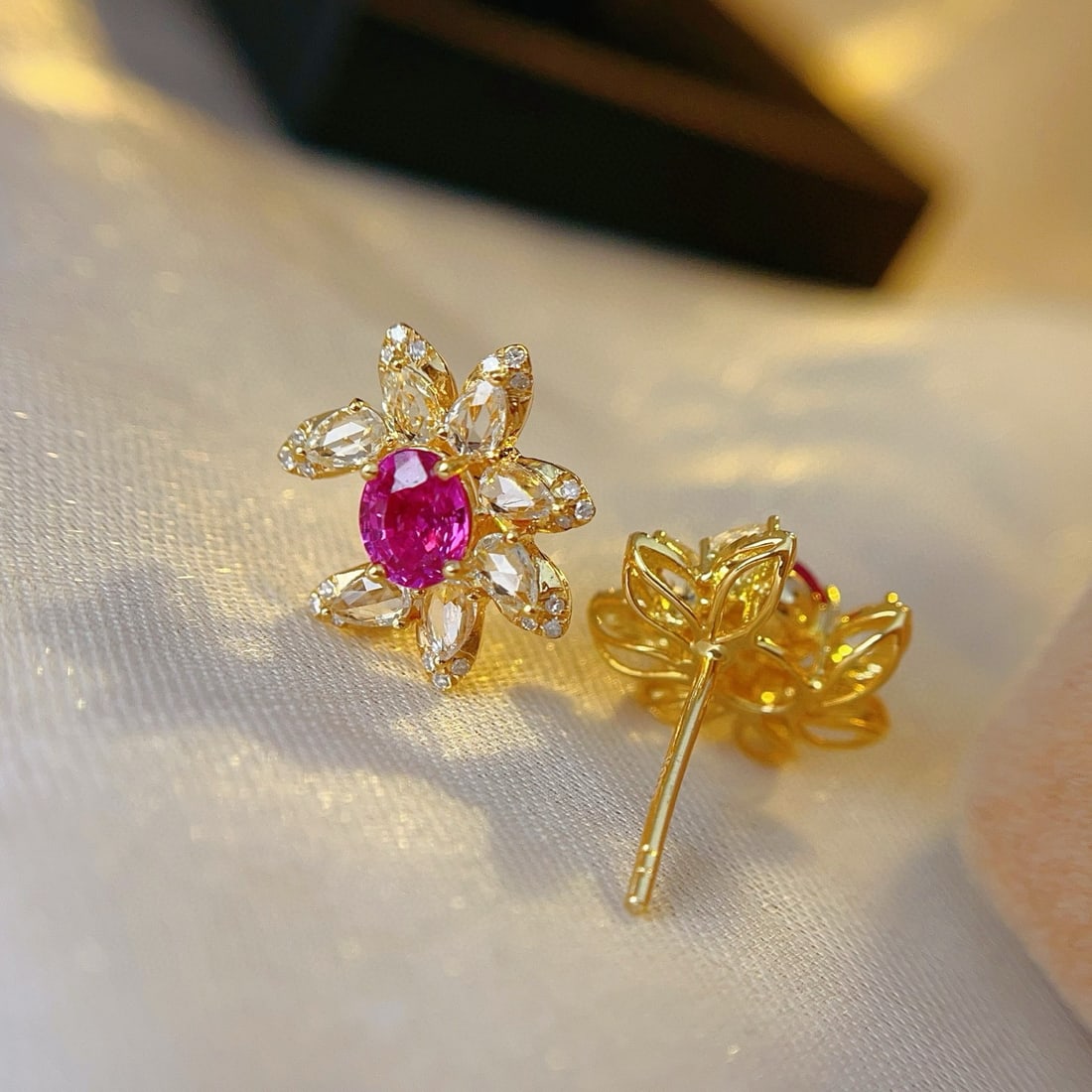 14k Gold 1.00 Ct Natural Ruby & Diamond & Sapphire Earrings - 3