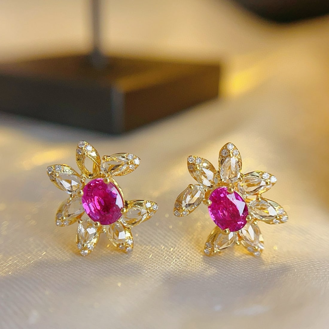 14k Gold 1.00 Ct Natural Ruby & Diamond & Sapphire Earrings - 4