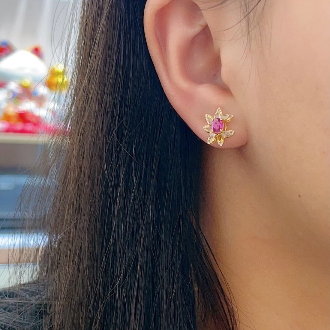 14k Gold 1.00 Ct Natural Ruby & Diamond & Sapphire Earrings - 5