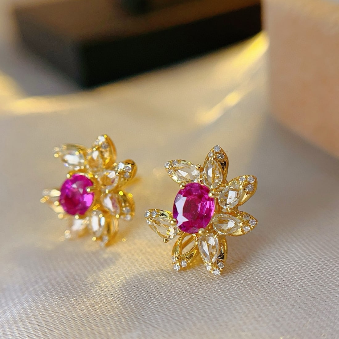 14k Gold 1.00 Ct Natural Ruby & Diamond & Sapphire Earrings - 6