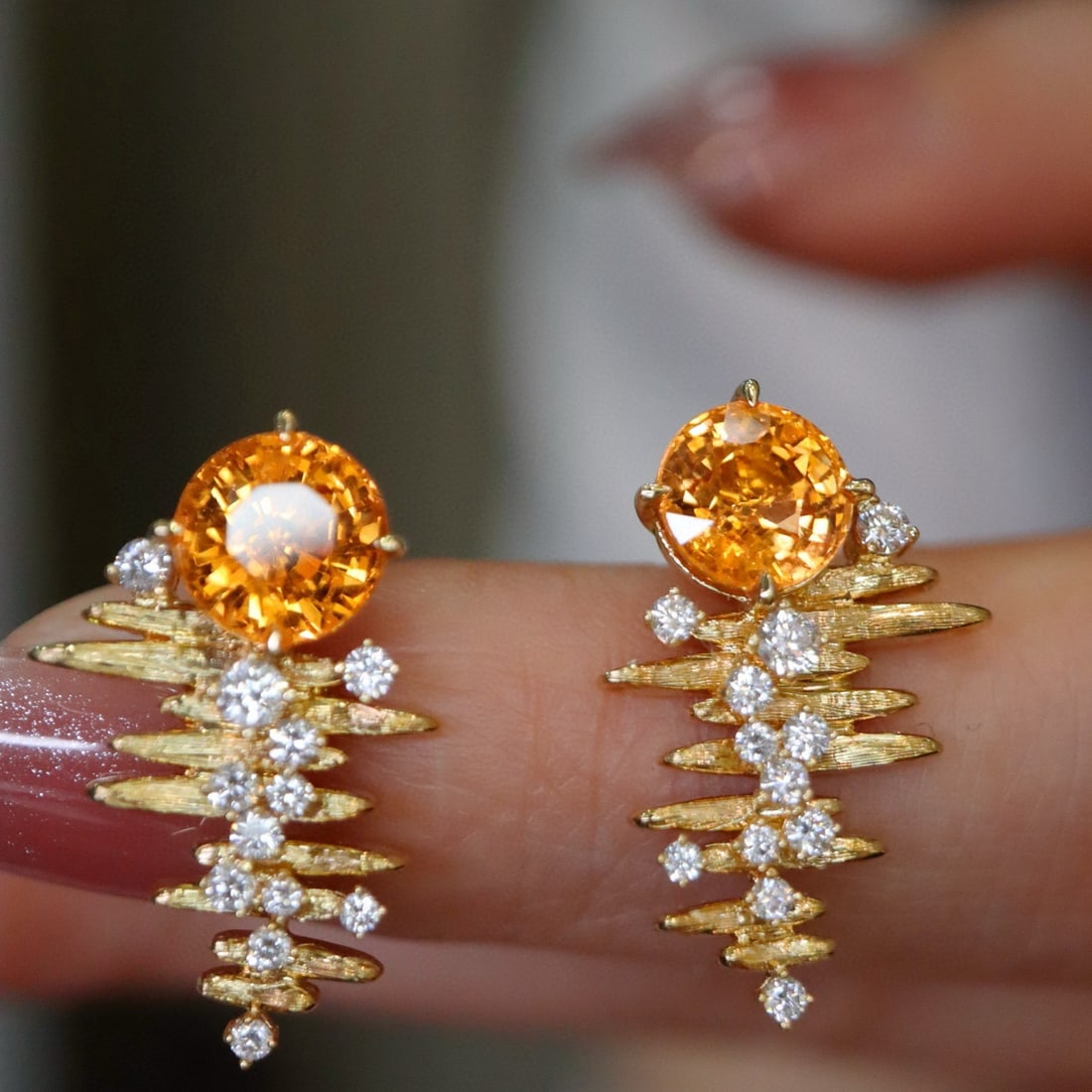 14k Gold 3.46 Ctw Natural Spessartine & Diamond Earrings: Ref:230957109 // gold content:14k gold // main gemstone:spessartine // shape:round // carat weight:3. 11ct // color:orange // treatment:natural // cut grade:g // // adjacent gemstone 2 : diamond // sh